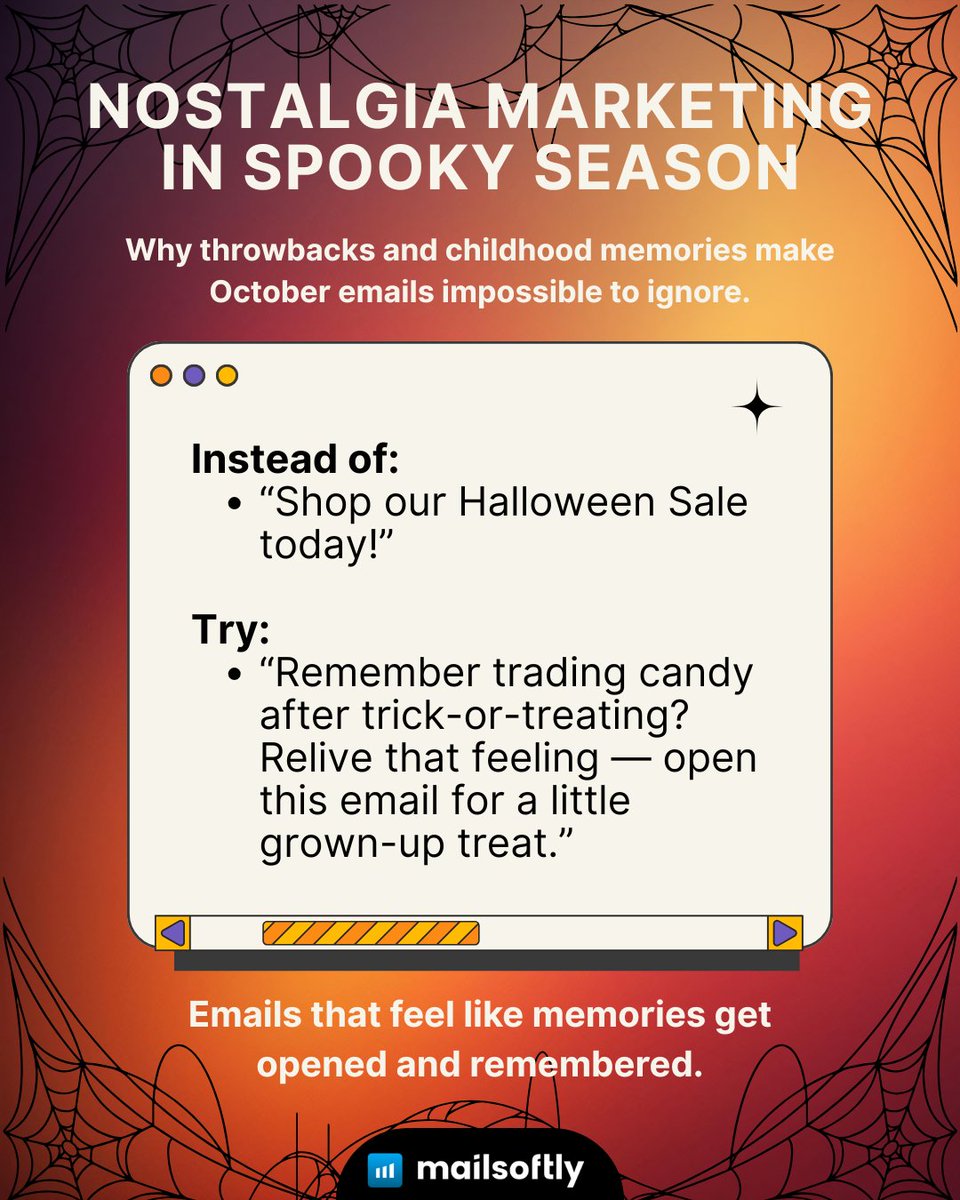mailsoftly's tweet photo. This October, tap into childhood memories and familiar moments.

With Mailsoftly, you can craft campaigns that bring your audience back to the good times and your inbox.

#EmailMarketing #Mailsoftly #MarketingTips #NostalgiaMarketing #HalloweenMarketing https://t.co/mSKAZZuT6U