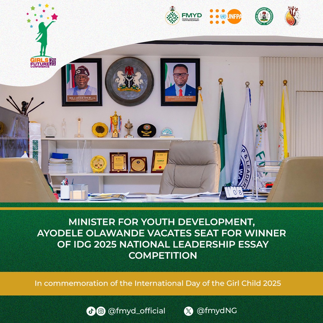 Federal Ministry of Youth Development, Nigeria (@fmydng) on Twitter photo Tomorrow, the Honourable Minister for Youth Development, Comrade Ayodele Olawande, will vacate his seat for the winner of the IDG 2025 National Leadership Essay Competition. 
This is in commemoration of the International Day of the Girl Child 2025. Tomorrow, the Honourable Minister for Youth Development, Comrade Ayodele Olawande, will vacate his seat for the winner of the IDG 2025 National Leadership Essay Competition. 
This is in commemoration of the International Day of the Girl Child 2025.