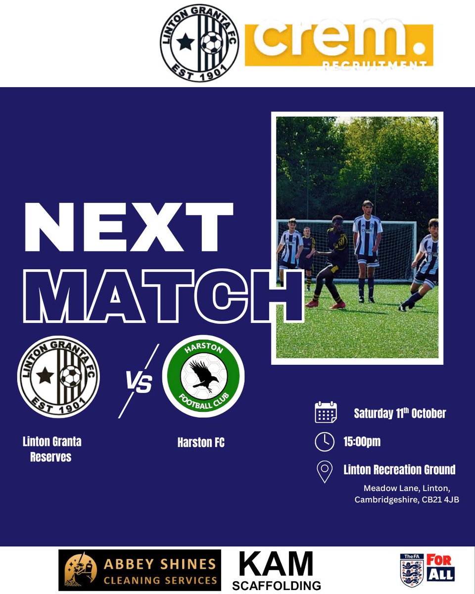 TheLintonGranta's tweet photo. The reserves start there cup campaign against  Harston Cambs Junior Cup looking to make it to the next round 🔵⚪️
📅 Saturday 11th October
⏰  3pm 
📍Linton Recreational Ground
@CremRecruitment 
@AbbeyShinesCS 
@Kamscaffolding https://t.co/rBUcw5SA8m