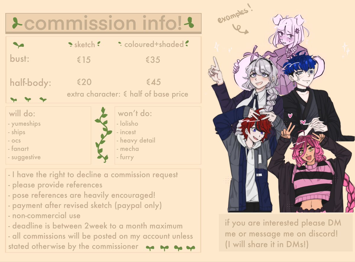(RTs = ❤️) Hello! I am opening commissions with unlimited slots for the time being, if you have any questions or are interested please feel free to dm me!
