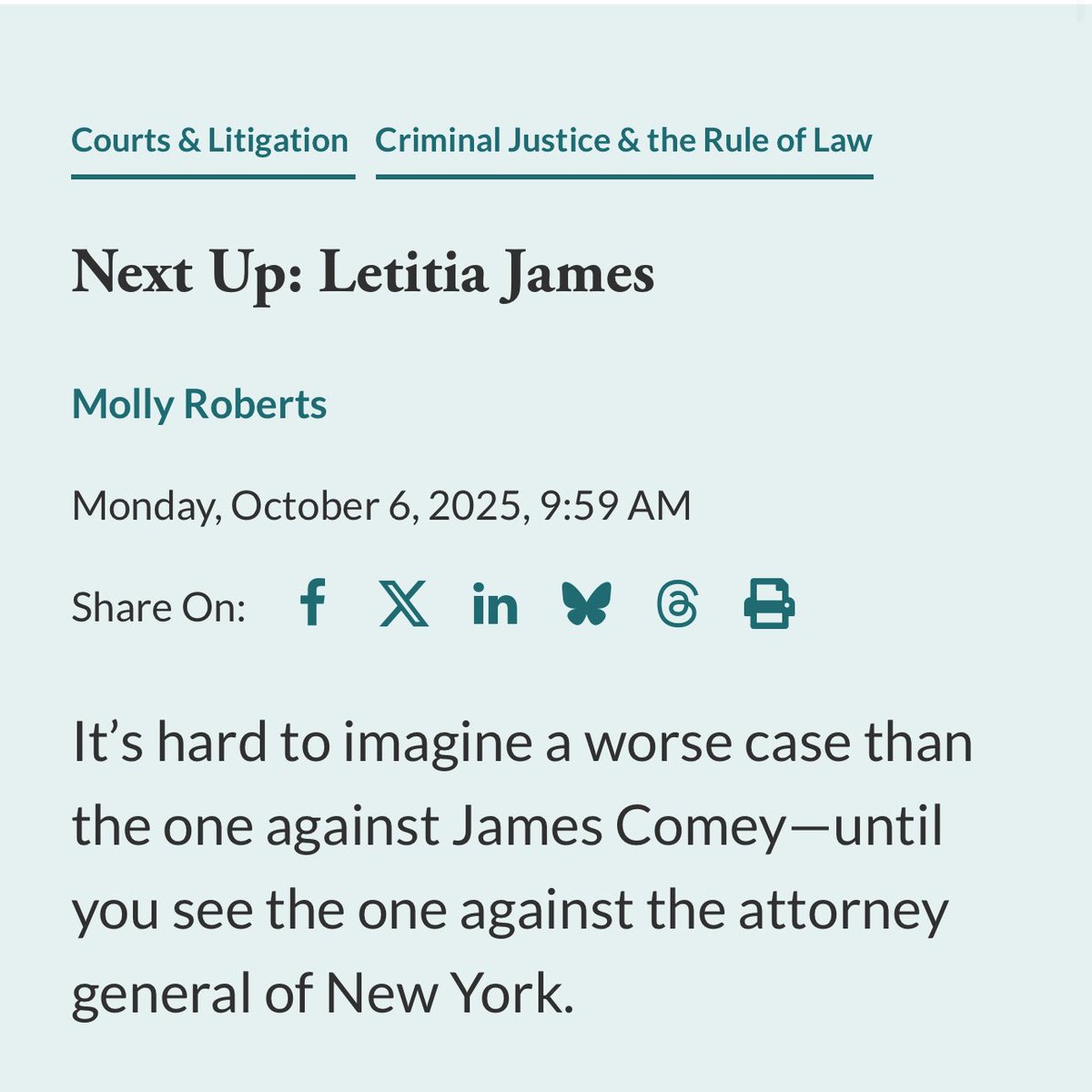 AnnaBower's tweet image. Good time to read @mollylroberts:

“It’s hard to imagine a worse case than the one against James Comey—until you see the one against the attorney general of New York.”

lawfaremedia.org/article/next-u…