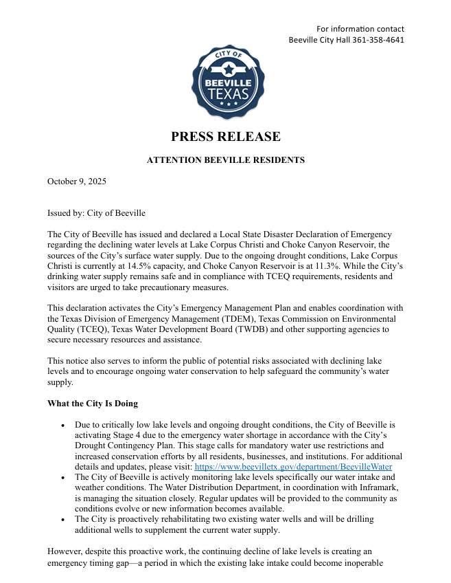 ElectAHinojosa's tweet photo. I commend the City of Beeville for its proactive leadership in responding to this serious water shortage. Taking swift, decisive action to protect residents and plan ahead is exactly the kind of local initiative that keeps South Texas strong. As drought conditions continue to impact our region, it is essential that local, regional, and state partners stay coordinated to identify the most effective solutions. My office will remain in close communication with Beeville officials and relevant state agencies to support their efforts and ensure the community has access to the guidance, resources, and assistance needed to navigate this challenge.