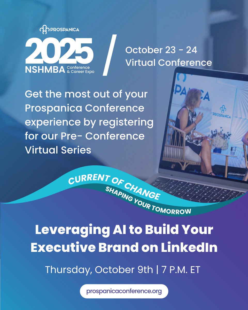 Prospanica's tweet image. 💻 Don’t miss today’s Pre-Conference Webinar: “Leveraging AI to Build Your Executive Brand on LinkedIn” happening 📆 Thursday, October 9, at 7 PM ET!

This virtual session will show you how to navigate LinkedIn strategically to build a powerful, professional online presence that…