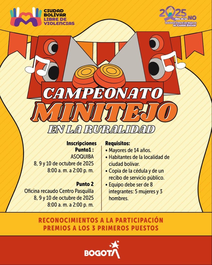 🎯 ¡La ruralidad también vive la emoción del minitejo!
Te invitamos a participar en el Campeonato de Minitejo en la Ruralidad, una jornada para disfrutar, compartir y fortalecer nuestras tradiciones.