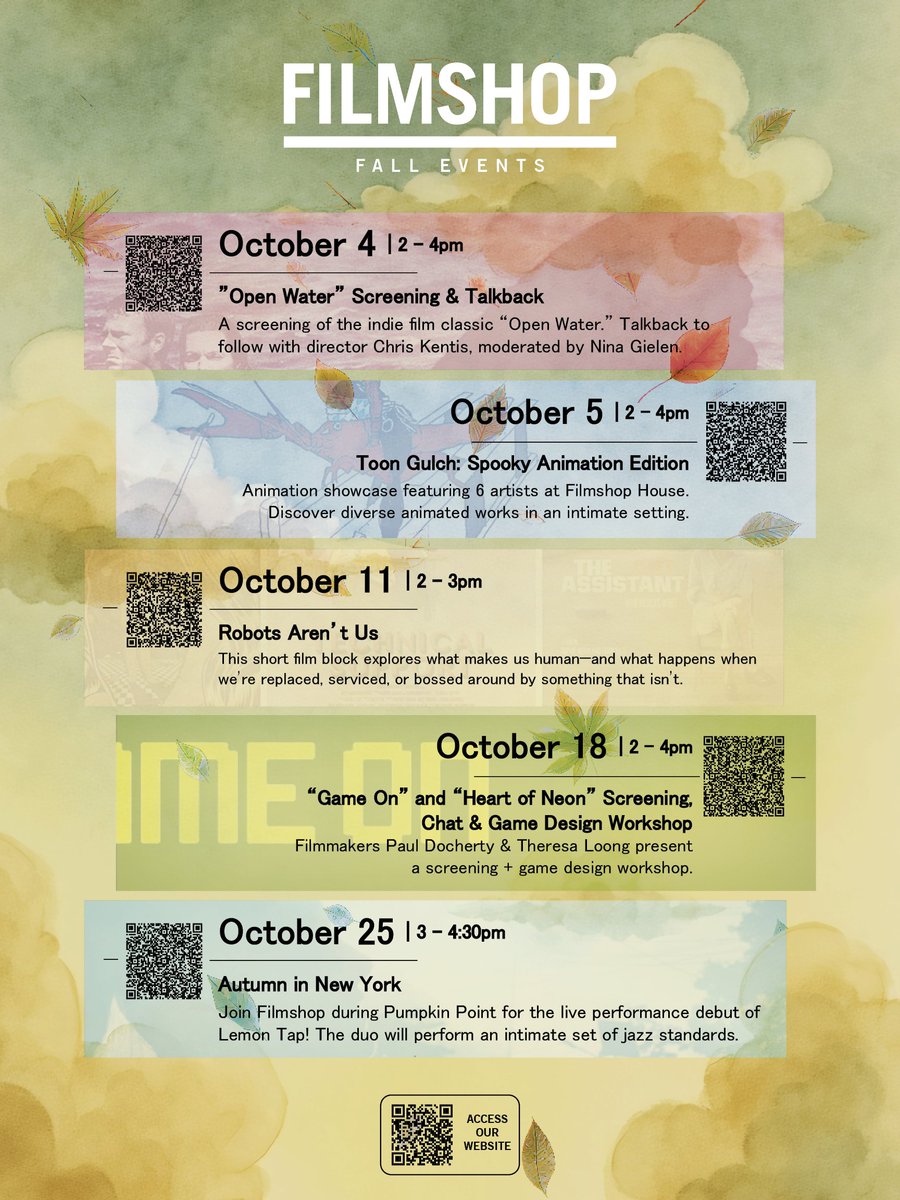 🍂 We’re closing out the season at the FS House on Governors Island!

🎥 Oct 11 – Robots Aren’t Us
🎮 Oct 18 – Game On + Heart of Neon
🎷 Oct 25 – Autumn in New York

Don’t miss our final fall events before we wrap for winter! 🎬 Save your spot: loom.ly/ucNdV0w #Filmshop