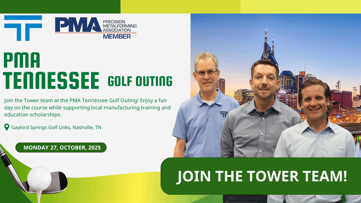 We’re teeing off to support the future of manufacturing at the PMA Tennessee Golf Outing on Oct. 27! ⛳️

🔗 Learn more: portal.pma.org/s/lt-event?id=…

#TowerMWF #PMATennessee #Manufacturing #GolfOuting #TeamTower