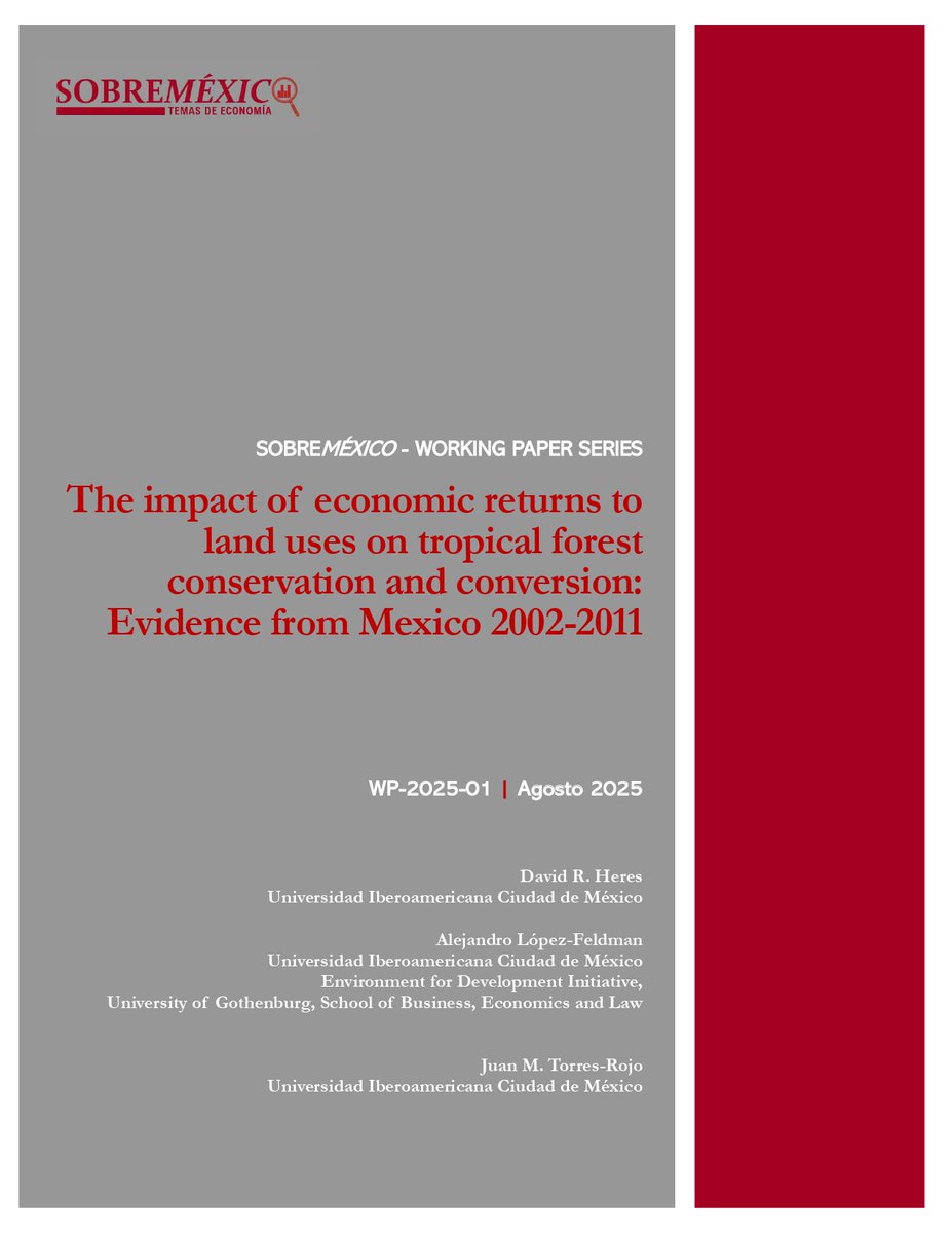 🚨Nuevo documento de trabajo

¿Qué tan sensibles son los bosques de conservación tropical a los incentivos de competencia económica?

Nuestro profesor David Heres (<a href="/DrHeres/">DRHeres</a> ), junto con <a href="/lopezfeldman/">Alejandro Lopez-Feldman</a> y Juan, exploran esta pregunta en su nuevo trabajo.

🗒️sobremexico.ibero.mx/es/publicacion…
