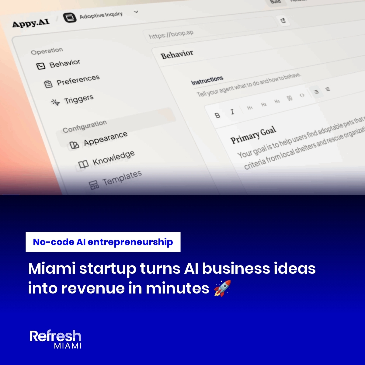 refreshmiami's tweet image. ๐ Miami's Appy.AI raises $5M to turn anyone into an AI entrepreneur
๐จNo coding needed - just conversation
๐จFull business infrastructure included
๐จFree beta launch through October
Backed by Four Rivers & Founder Collective
#MiamiTech #AI #NoCodeโฆ