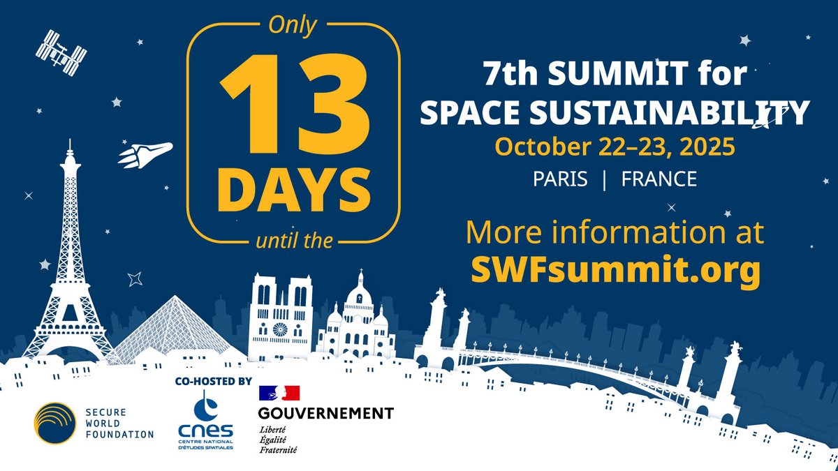 SWFoundation's tweet photo. 13 days! The #SWFsummit25, co-hosted w/ @CNES, and@DGEntreprises, is a high-level, multi-day international forum focused on advancing solutions for the long-term sustainability of space activities.
Agenda: https://t.co/Hrf99RvUH9
Register: https://t.co/V9nvXrTnqL https://t.co/rTslwN2n3Q