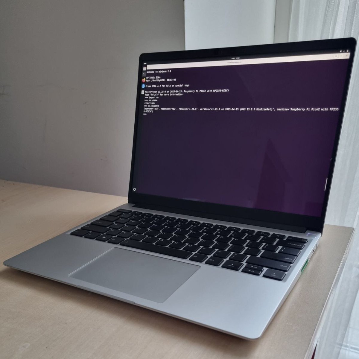 semito_v's tweet image. Micropython firmware REPL running on our RP2350 based card, with DC-ROMA RISC-V Mainboard accessing it via UART with minicom. 2 RISC-V hardware working together.