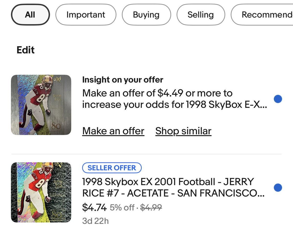 FreeFridayBreak's tweet image. eBay thank you for the insight to my offer for a 1998 Jerry Rice card.  I was unaware that had I made an offer of face value or closer it would be more likely accepted…