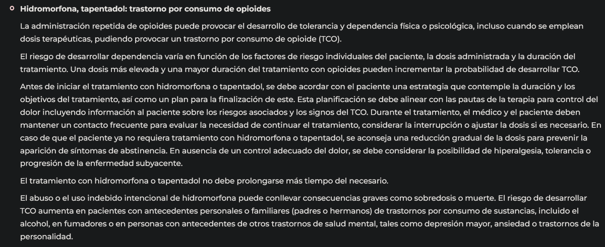 Hidromorfona, tapentadol: trastorno por consumo de opioides.
La administración repetida de opioides puede provocar el desarrollo de tolerancia y dependencia física o psicológica, incluso a dosis terapéuticas
aemps.gob.es/informa/boleti… Boletín Seguridad Medicamentos <a href="/AEMPSGOB/">AEMPS</a> #SegPac