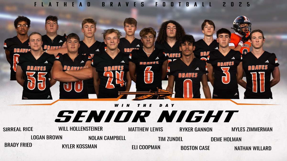 Tomorrow night is SENIOR NIGHT at Legends Stadium! Come out and recognize our seniors who have laid the foundation for the future of Braves Football! Brave Walk at 4:30, Senior Night Festivities at 5:30, GAME at 6:00. #WinTheDay