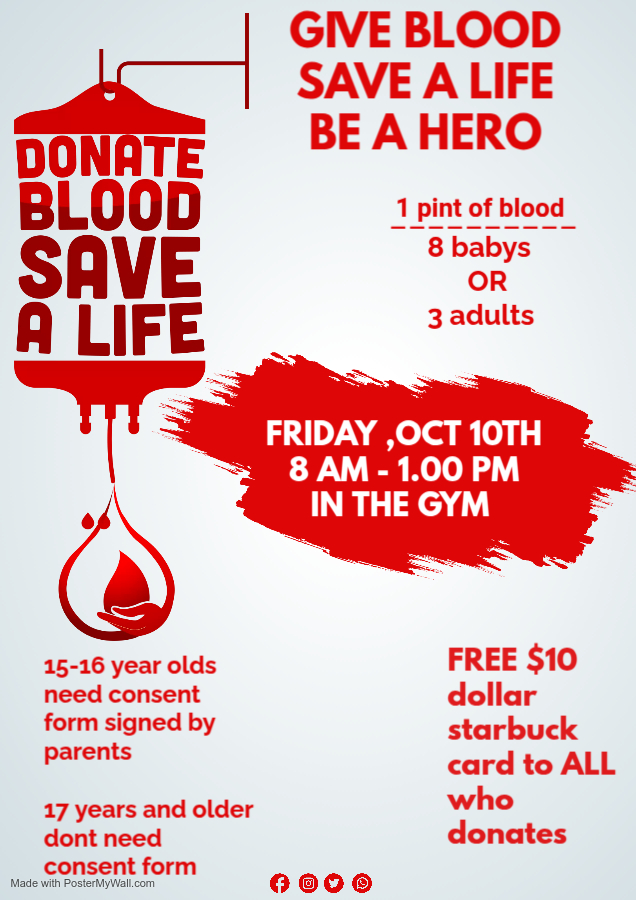 Silver Valley High School is hosting a Blood Drive on Friday, October 10th.  

Reach out to Mr. Backlund (wbacklund@svudk12.net) if you have any questions!