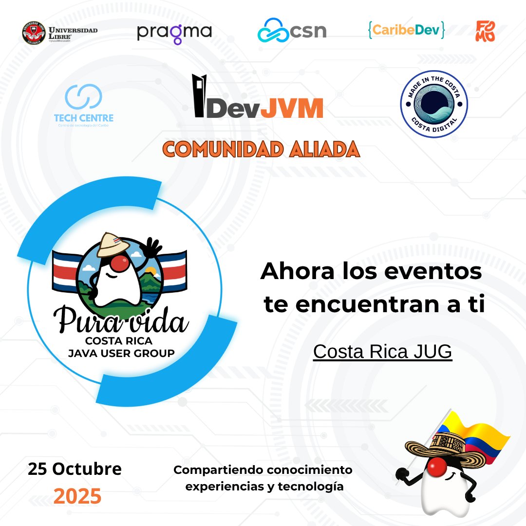 JUGBAQ's tweet image. 🚀 El Caribe será el epicentro de la JVM
Este 25 de octubre llega #DevJVM2025 🌍

🤝 Comunidades Aliadas
🔸@guatejug
🔸@JUGCOSTARICA
🔸@perujug
🔸CaribeDev

📅 Univ. Libre – Barranquilla
🎟 holafomo.com
🙌 Gracias por fortalecer el ecosistema JVM en la región.