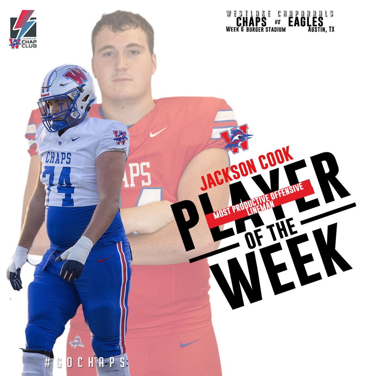 Jackson Cook earned another turn as the Most Productive Offensive Player of the Week. The junior helped lead the offensive line to 271 total yards in the 66-0 win over Akins. #GoChaps