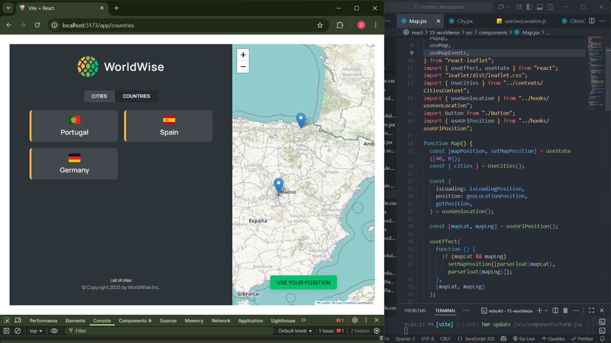 DelightOfili's tweet image. Day 41 | React ⚛️
From what I’ve learnt so far, I was able to interact with the map from leaflet — setting map position using geolocation, fetching city data in a form, and adding new cities to my fake API. 
#100DaysOfCode #ReactJS #LearningInPublic