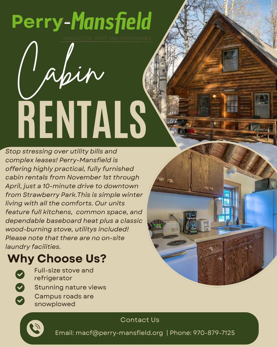 Steamboat Winter Cabin Rental Alert! 
The Perry-Mansfield campus offers beautiful, rustic cabins in Strawberry Park—just a 10-minute drive to downtown.

Ready to book your unique winter stay?  Contact Us Directly : 📧 macf@perry-mansfield.org or 📞 970-879-7125
