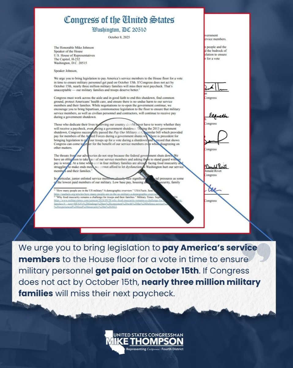 RepThompson's tweet image. Even in the middle of a government shutdown, our servicemembers are still out there protecting our freedoms. Their courage never takes a break and neither should their paychecks. I called on the Speaker to bring back the House so we can ensure our troops are paid.