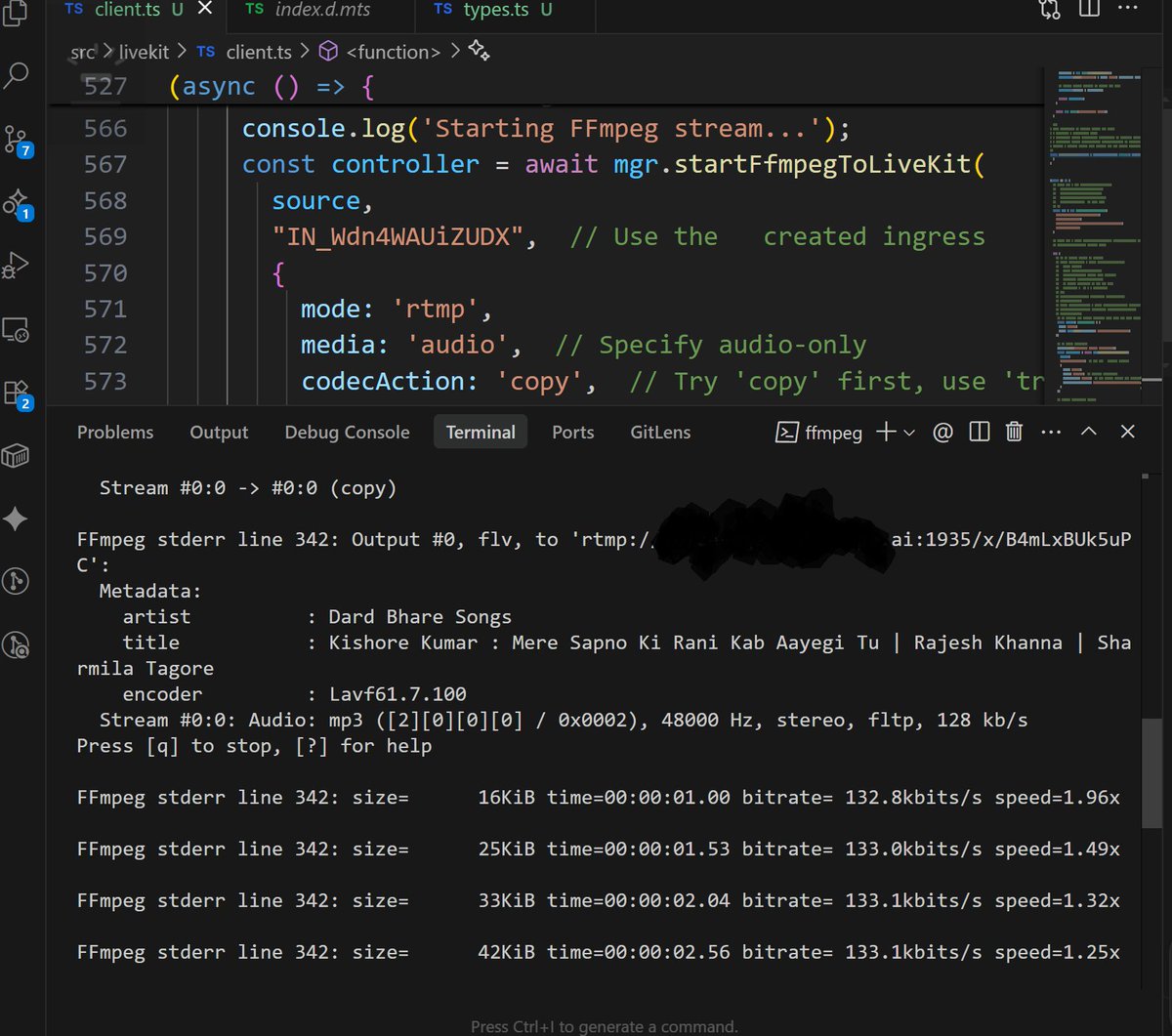 Mayank_062's tweet photo. Work in progress π§
RolaaBot is now hooked into LiveKit via FFmpeg for seamless audio streaming.
Just a few more tweaks and weβll be live.
Stay tuned! π
"Can`t show the host name but ingress does need a hostname to work"
#LiveKit #streaming #RealTimeBot #OpenSourceUse #Building https://t.co/yObNpd25Pj