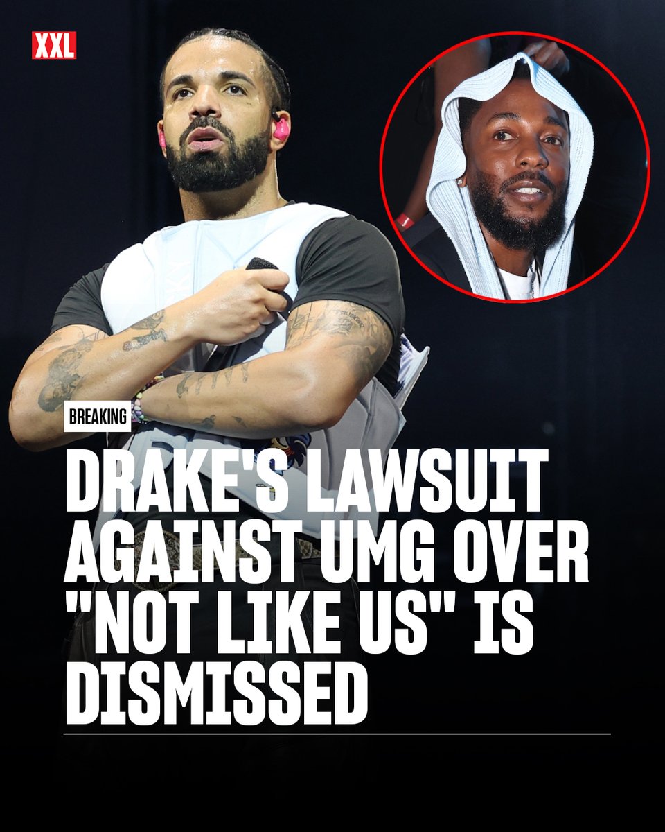 XXL's tweet photo. Drake's defamation lawsuit against Universal Music Group over Kendrick Lamar's "Not Like Us" has been dismissed in court.

On Thursday (Oct. 9), Judge Jeannette A. Vargas issued a ruling on the case, which was filed back in January. After hearing arguments from both sides over the last several months, Judge Vargas has sided with UMG and has thrown out the case before the trial stage.

"Drake has brought this action against UMG for defamation, harassment in the second degree, and violation of section 349 of the New York General Business Law," the ruling reads. "Before the Court is Defendant’s motion to dismiss pursuant to Rule 12(b)(6) of the Federal Rules of Civil Procedure. Because the Court concludes that the allegedly defamatory statements in 'Not Like Us' are nonactionable opinion, the motion to dismiss is GRANTED."

Drake filed two since-dropped pre-action petitions against UMG in 2024, claiming they used illegal tactics to artificially inflate the numbers on Kendrick Lamar's Drake diss song, "Not Like Us." In January, he followed up with a federal defamation lawsuit against the music giant for distributing and promoting "Not Like Us," which references Drizzy as a child predator.

A spokesperson for UMG has released the following statement to XXL about the lawsuit dismissal.

“From the outset, this suit was an affront to all artists and their creative expression and never should have seen the light of day," the statement reads. " We’re pleased with the court’s dismissal and look forward to continuing our work successfully promoting Drake’s music and investing in his career.”

XXL has reached out to Drake's attorney for comment.
