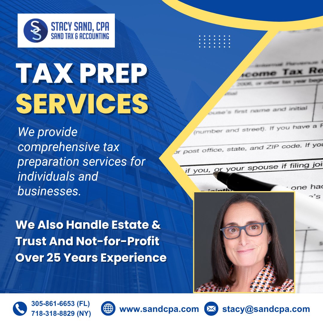 SSandCPA's tweet photo. Expert Tax Prep Services for Individuals &amp; Businesses 💼
👉 Contact us today to make your taxes simple, efficient, and stress-free!
📞 FL: 305-861-6653 | NY: 718-318-8829
🌐 https://t.co/6a6ygrCjDB

📧 stacy@sandcpa.com

#TaxPrepServices #CPAFirm #TaxExperts #TaxPlanning https://t.co/RLgy5A9Jyg