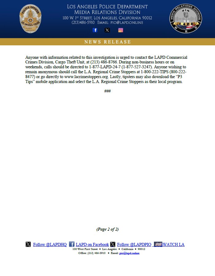 LAPD News: $1.46 Million in Stolen Train Cargo Recovered; One Arrest Made in Major Cargo Theft Investigation