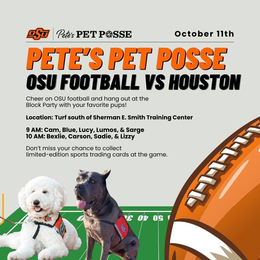 Exciting news, Cowboy fam! We’ve teamed up with <a href="/OSUAthletics/">Oklahoma State Athletics</a> for game weekend fun! 🧡🐾 

Join our pups this Fri (Oct 10) at <a href="/CowgirlSoccer/">Cowgirl Soccer</a> 5-6 PM &amp; Sat (Oct 11) at the <a href="/CowboyFB/">OSU Cowboy Football</a> Block Party 9-11 AM! 🎉

Each pup has a limited-edition sport trading card! 

#OKState #PetTherapy