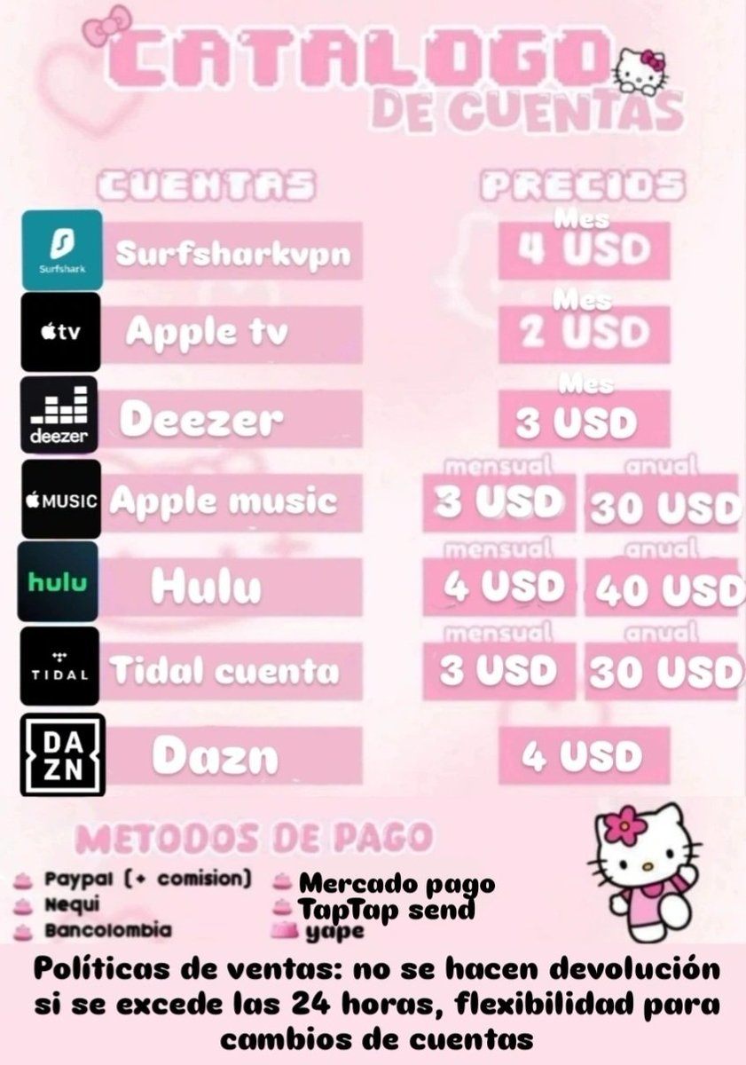 Holi. Te interesa compr4r perfiles de cuentas de stream!ng a bajo costo y con garantia? 👀, pues estas en el lugar correcto, aqui nuestro catalogo, para que adquieras lo que deseas (mas info a nuestro dm o comentar) si deseas ver nuestras cap de pruebas entra aqui #kittyzhappy 💌
