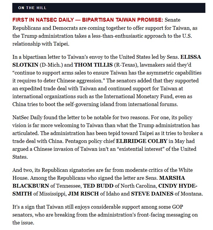 sonja_thrasher's tweet image. Big news- @SenatorSlotkin &amp;amp; @SenThomTillis spearhead letter reaffirming strong bipartisan support for Taiwan, previewed by @ebazaileimil &amp;amp; @giselleruhiyyih in today’s NatSec Daily