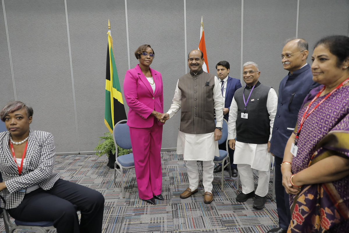 loksabhaspeaker's tweet image. Lok Sabha Speaker Shri Om Birla had an excellent meeting with H.E. Juliet Holness, Speaker of Jamaica’s Parliament, in Bridgetown during the 68th Commonwealth Parliamentary Conference. He said that both leaders shared insights on the deep historic ties between India and Jamaica,…