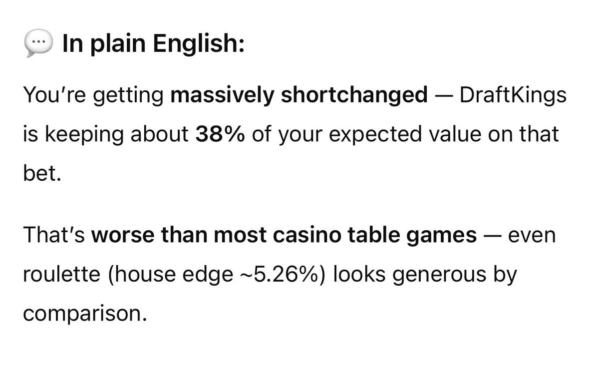 SystemProfits99's tweet image. If you want an idea of how bad @DKSportsbook screws players on parlays here you go

For tonight, if you wanted to parlay @Phillies ML +113, Harper HR+319, Schwarber HR +206

The true parlay odds would be +2631

DK offers +1500 for same parlay. This gives them a 37.7% HOUSE EDGE!