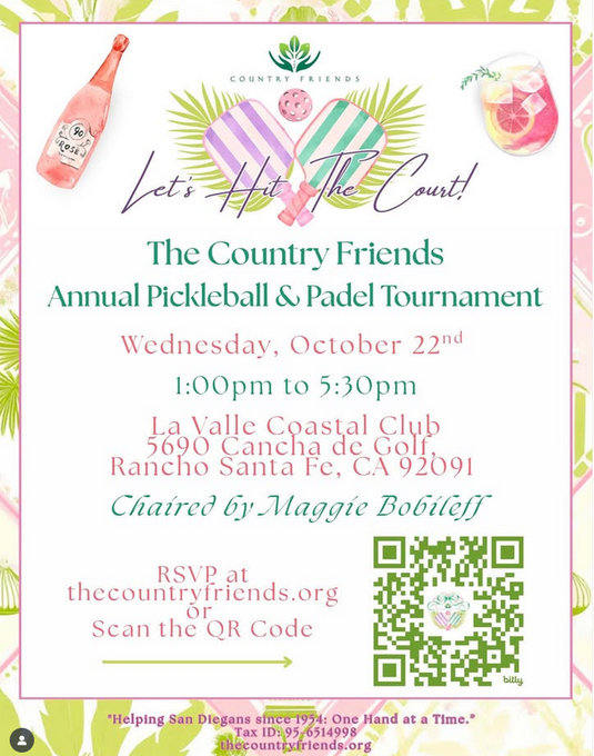 SDgiving's tweet photo. Get ready to serve up some fun for a great cause on Oct. 22nd!   

Whether you’re a seasoned pro or just picking up a paddle, The Country Friends’ Annual Pickleball and Padel Tournament promises to be a fun and friendly event for all skill levels.

https://t.co/eHpI6gaUOK https://t.co/GhgG0298CX