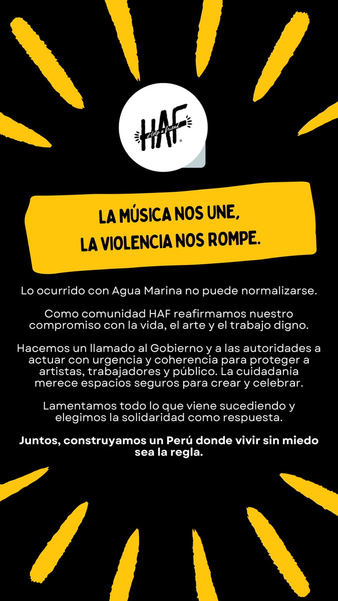 HAFproductos's tweet photo. La música nos une, la violencia nos rompe.

Lo ocurrido con Agua Marina no puede normalizarse.

Como comunidad HAF reafirmamos nuestro compromiso con la vida, el arte y el trabajo digno.

#HAFPerú #CulturaSegura #NoALaViolencia #AguaMarina #UnidosPorElPerú https://t.co/48QUb3jCuB