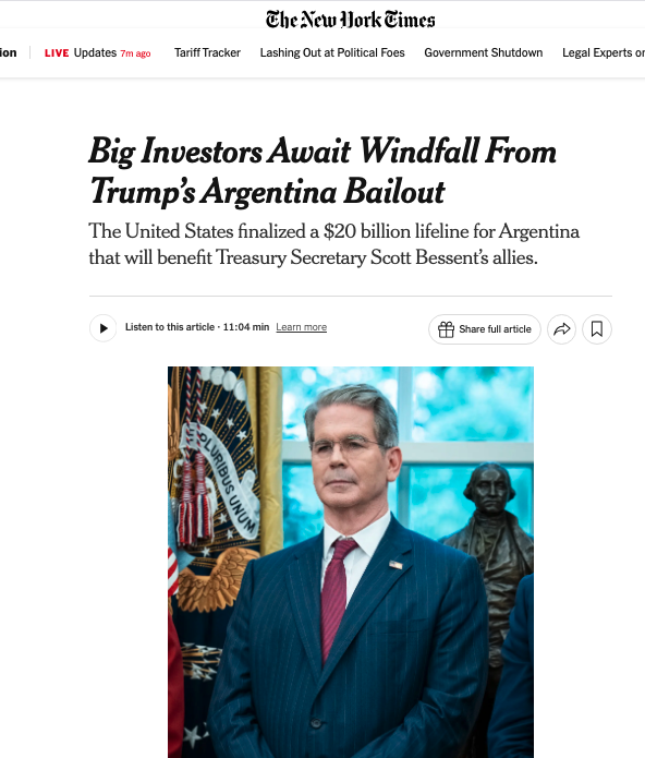 "Funds at investment firms including BlackRock, Fidelity and Pimco are heavily invested in Argentina, as are investors such as Stanley Druckenmiller and Robert Citrone, both of whom worked with Mr. Bessent."