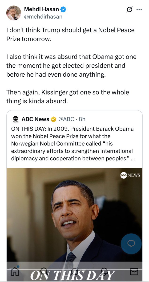 Since Kissinger got one Obama getting one gets even. One got it for doing evil things and the other got it for doing nothing. 🤦🏻‍♀️🤷🏻‍♀️