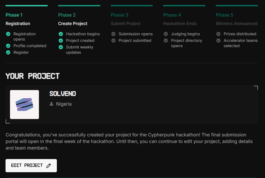 Vend4Sol's tweet photo. Project Successfully Created! 🔥
SolVend is participating in the @colosseum Cypherpunk Hackathon!

Stay tuned. It's going to be an interesting ride together. https://t.co/aVNrG2SbQ8