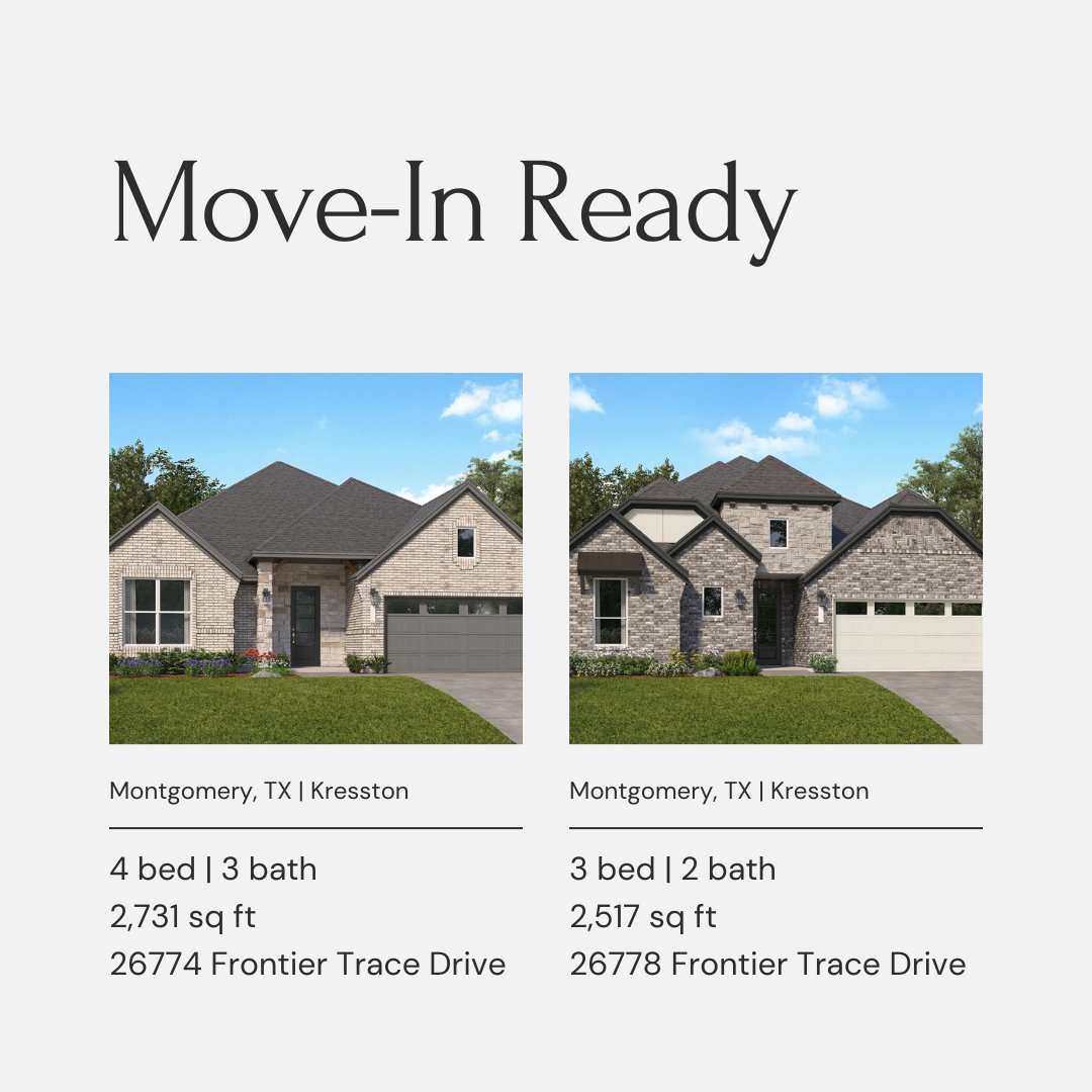 VBHouston's tweet image. Kresston in Montgomery has a limited number of inventory homes available.

Enjoy small-town charm with easy access to city conveniences, local dining, and outdoor fun. Don’t wait—these homes are selling fast! 
Schedule your tour today! 📞 Call 888-671-8175!