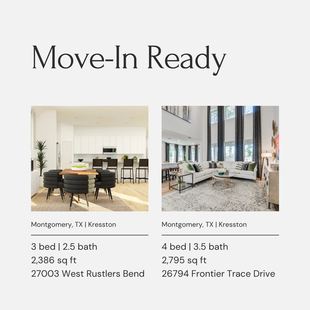 VBHouston's tweet image. Kresston in Montgomery has a limited number of inventory homes available.

Enjoy small-town charm with easy access to city conveniences, local dining, and outdoor fun. Don’t wait—these homes are selling fast! 
Schedule your tour today! 📞 Call 888-671-8175!