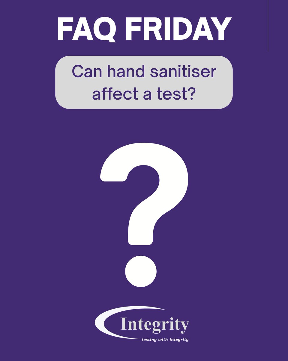 IntegSampling's tweet image. 💬 Friday FAQ: Can hand sanitiser affect a test?
Short answer: Possibly — but only briefly.
✅ Myth busted.
That’s your #FridayFAQ — got a question for us to answer next week? Drop it below 👇