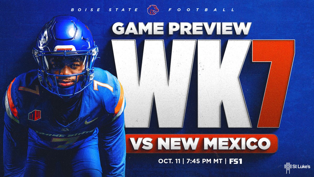 BroncoSportsFB's tweet photo. Week 7 𝗴𝗮𝗺𝗲 𝗽𝗿𝗲𝘃𝗶𝗲𝘄

📰 https://t.co/mUr8Qcnjwm

#BleedBlue | #BuiltDifferent | @StLukesHealth https://t.co/TcXF5iXusb