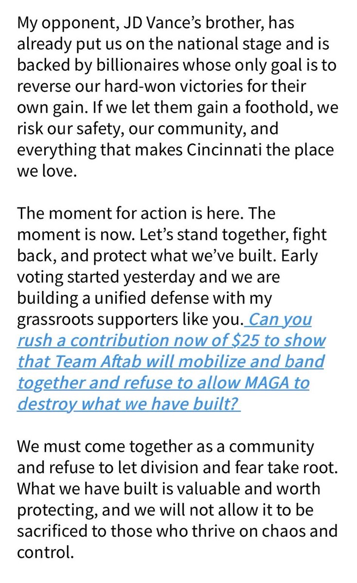 still_hustling's tweet photo. “Keep MAGA out of Cincinnati”? Please.

What exactly are we protecting here, the tent cities under every bridge? The broken public school system with a 19% college readiness rate and nearly half of students chronically absent? The nonprofits siphoning off tax dollars while neighborhoods crumble? Bridges burning to the ground and commerce coming to a complete stop because of their mismanagement? More law abiding citizens getting the crap beat out of them just for attempting to go out downtown at night? More handouts to race baiters that hate the police and you?

Aftab talks about “everything we’ve built,” but what has he built? What business does he run here? What’s he personally invested in other than political photo ops? Cincinnati’s “progress” is a joke when it’s funded by taxpayers and run by people who’ve never risked a dime of their own.

These people thrive on fear, division, and dependency. Without their government salaries and the nonprofit industrial complex bleeding the city dry, they’d have nothing.

You guys need to go to https://t.co/tbWq2uWSft and throw him five bucks or something just because of this bullshit. Cory needs some money to put this clown on blast.
