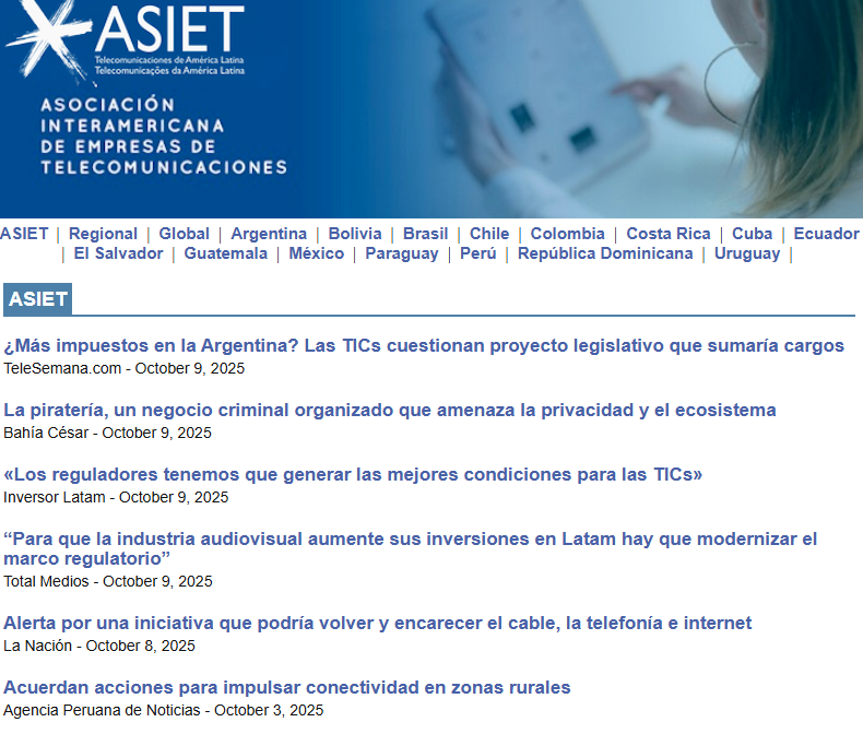Ya se encuentra disponible nuestro resumen de noticias del sector digital en América Latina 🌎.

Puedes consultarlo aquí 👇
app.meltwater.com/api/public/new…

¿Todavía no te suscribiste? Hazlo en menos de 1 minuto y recibe este newsletter todos los viernes 📩 asiet.lat/sobre-asiet/