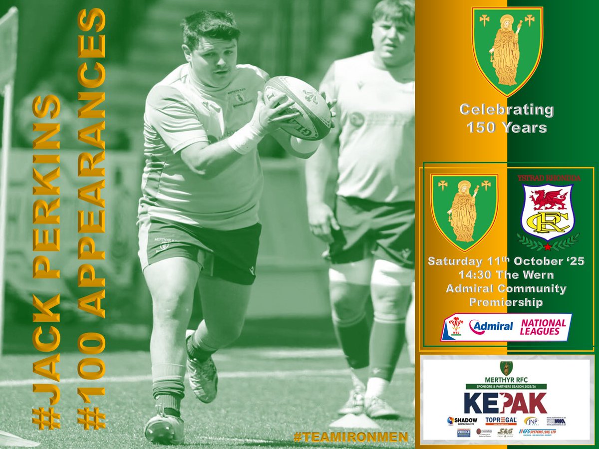 Huge congratulations to #Ironmen flanker Jack Perkins who makes his 💯 appearance in the #GreenAndGold this weekend

A tough, uncompromising, and clever player who has put his body on the line time after time for the #Ironmen 

Well done, Jack #DelightedForYou

#TeamIronmen🤍💚💛