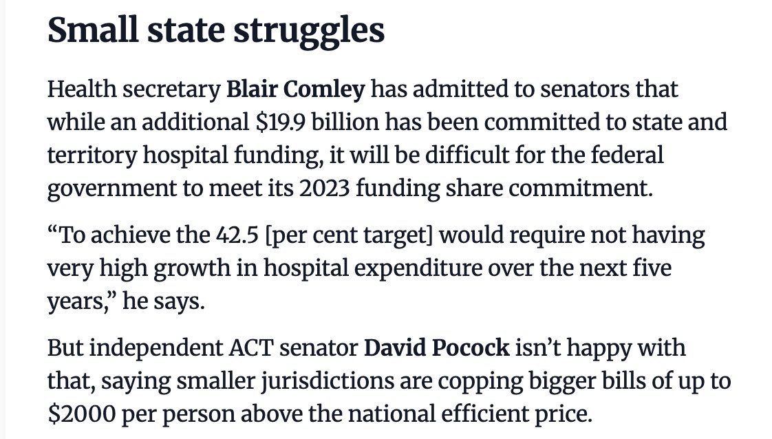 DavidPocock's tweet photo. The Govt committed publicly to chipping in 42.5% of the cost of public hospitals by 2030.

But we’re now told that that is actually unlikely to happen.

Public hospitals are experiencing huge demand, so it’s frustrating to see the promises but no firm commitment on delivery

✍️@canberratimes
