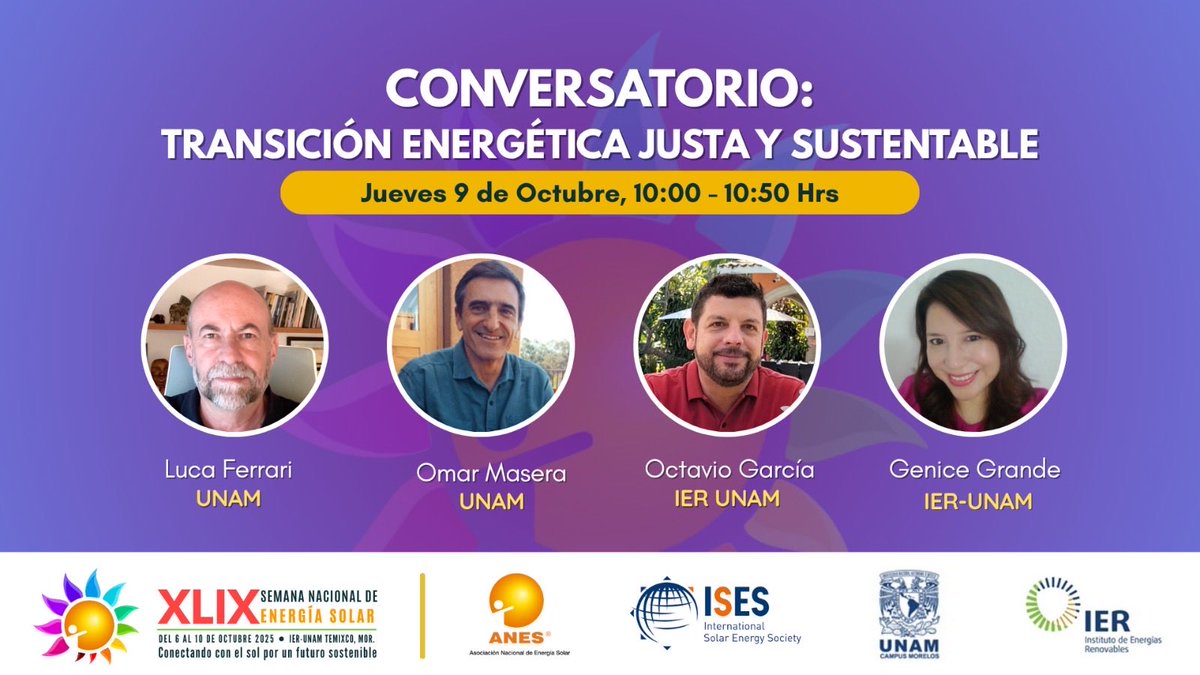 anes_oficial's tweet photo. 🌞 Conversatorio: Transición energética justa y sustentable ⚡
En el marco de la XLIX Semana Nacional de Energía Solar, se realizó un diálogo académico sobre los retos y perspectivas de la transición energética en México.
#XLIXSNES #ANES #IERUNAM #UNAM #TransiciónEnergética https://t.co/3pGvFoVDC5