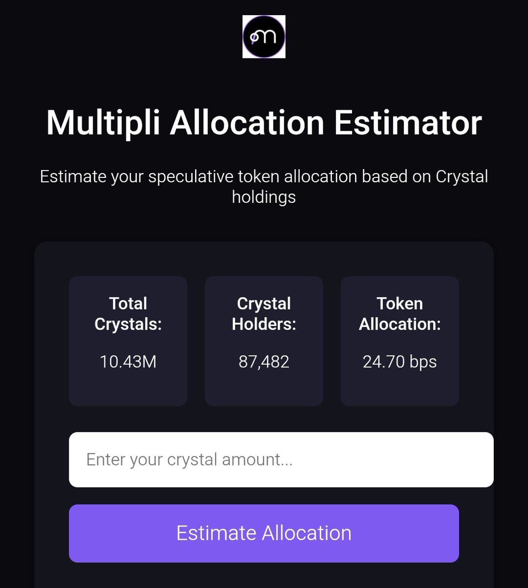 smartcoded2011's tweet image. gNight Web3.
Starting tomorrow, you’ll be able to check your speculative $Multipli allocation based on how many Crystals you’ve held.

Stay close, @MultipliFi fam 👀