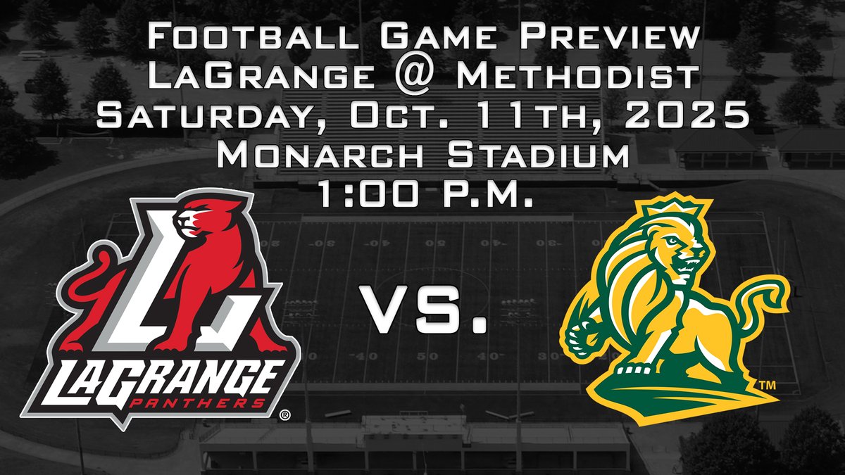 The Panthers of the LaGrange Football team are headed to Methodist on Saturday for a 1 p.m. game against the Monarchs! Read the preview here: tinyurl.com/55hv29zv <a href="/LaGrangeCollege/">LaGrange  College</a> <a href="/LaGrangeFTBL/">LaGrange College Football</a> <a href="/usa_south/">USA South Athletic Conference</a>
