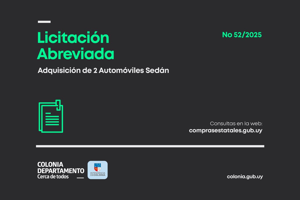 Licitación Abreviada Nº 52/2025. Adquisición de dos Automóviles Sedán. Ver más en colonia.gub.uy
#intendenciadecolonia