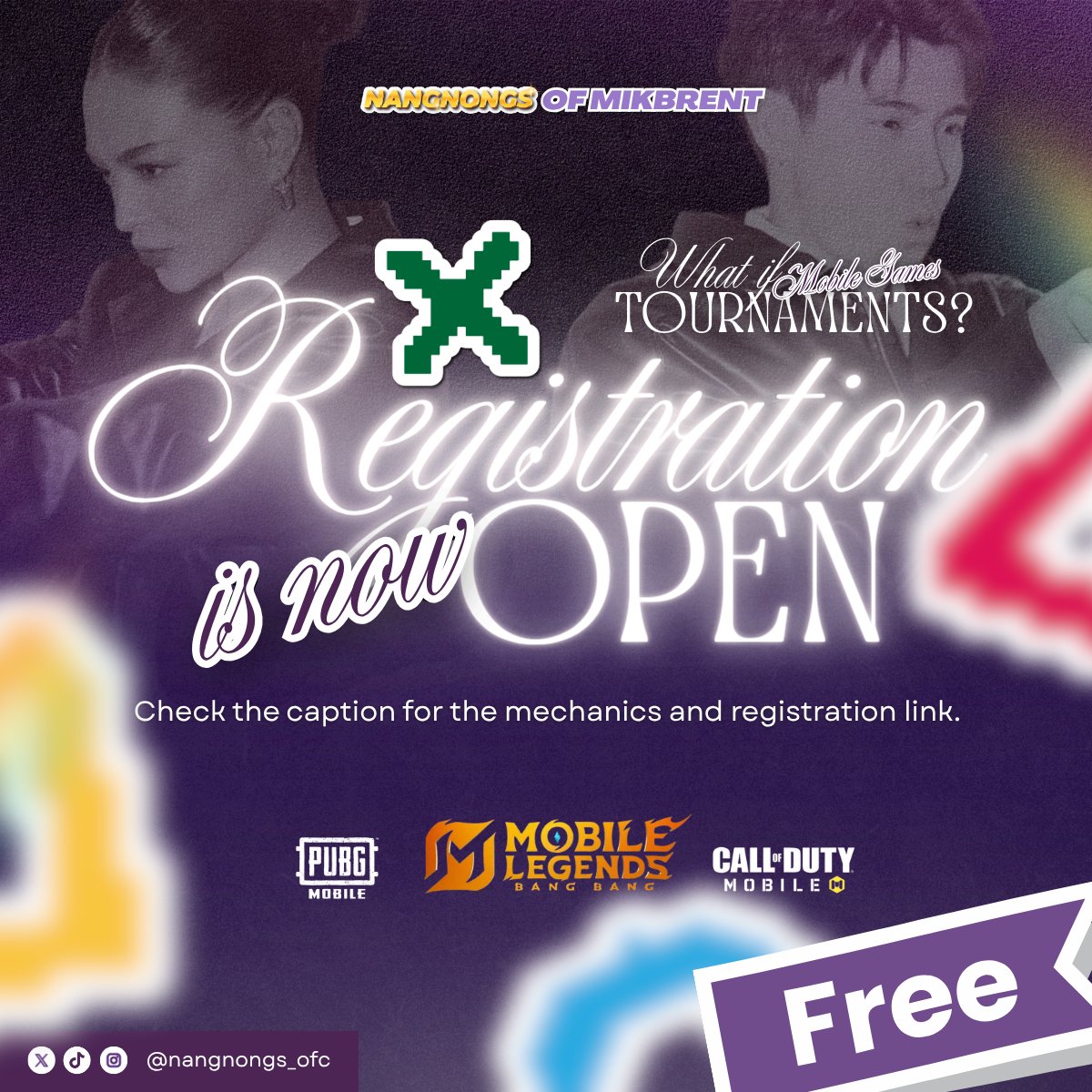 nangnongs_ofc's tweet photo. WHAT IF… MOBILE GAMES TOURNAMENT TAYO? 🏆✨

Registration is now OFFICIALLY OPEN for MLBB, PUBG Mobile, and CODM Battle Royale happening this October 16, and yes, it’s FREE!

This tournament isn’t just about the game; it’s about building connections, creating shared memories, and celebrating the spirit of the MENTies community.

Win or lose, what matters most is the fun, the teamwork, and the love we share for MikBrent 💜

GAMES & PRIZES:
👥 MLBB: 5v5 · Double Pool Elimination
🥇 Grand Prize: ₱10,000

🔫 CODM BR: 100 Solo Players · 1 Match
🥇 ₱1,000 · 🥈 ₱500 · 🥉 ₱300

🪖 PUBG Mobile: 100 Solo Players · 1 Match
🥇 ₱1,000 · 🥈 ₱500 · 🥉 ₱300

📌 Deadline of entry: October 12, 11:59 PM
📥 Check the registration link for full details.

Don’t forget to upload your proof of streaming for “What If Tayo?” Official MV on our registration form 💜

REGISTRATION LINK: https://t.co/5yv2JN6UgK

— NangNongs of MikBrent 💳
#MikBrent #MikaSalamanca #BrentManalo